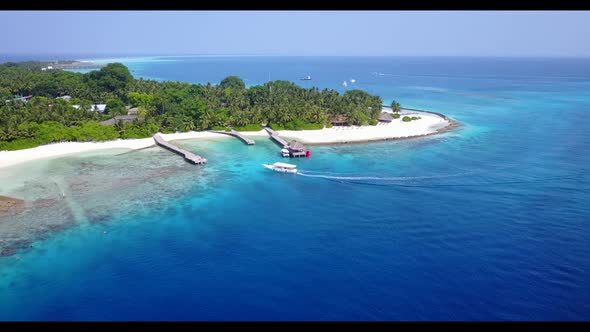 Aerial nature of tranquil lagoon beach wildlife by transparent lagoon with white sandy background of