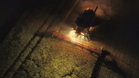 Night Time Harvest Using a Large Combine Harvester in a Field