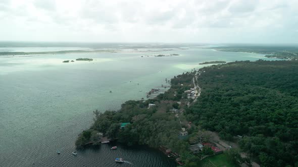 Aerial view of the amazing Bacalar Lagoon with its changing colors