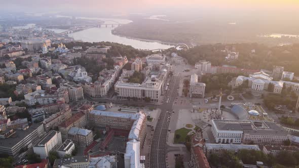 Kyiv Kiev Ukraine at Dawn in the Morning. Aerial View