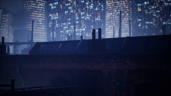 Skyscrapers of Business Center and Pipes of Factory Polluting Air alt