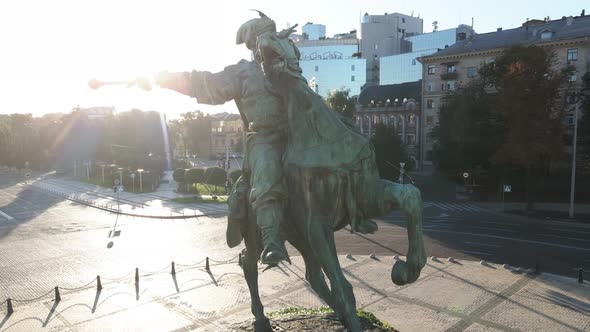 Kyiv, Ukraine: Monument To Bogdan Khmelnitsky in the Morning at Dawn. Aerial View.