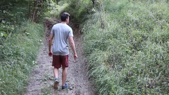 A man walks on a footpath in forest, daytime,  summer season. Young man filmed from behind while Wal