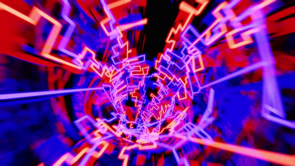 Fast flying into neon light colorful tunnel