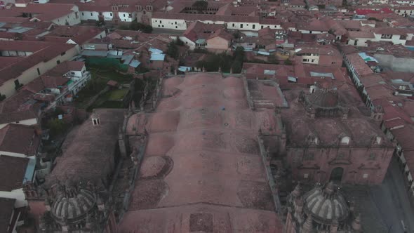 4k daytime aerial drone footage revealing the main Cathedral from Plaza de Armas in Cusco, Peru duri