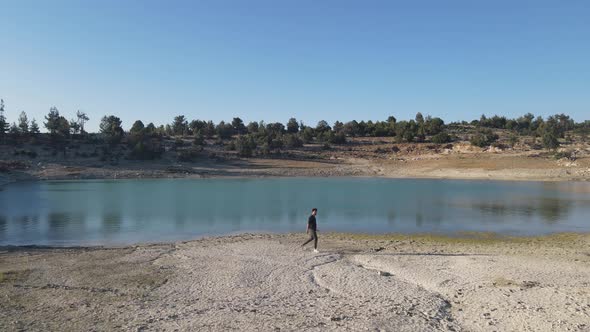 Drought Pond Man Walking Landscape