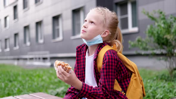 Back to School Girl Wearing Mask and Backpacks Protect and Safety From Coronavirus