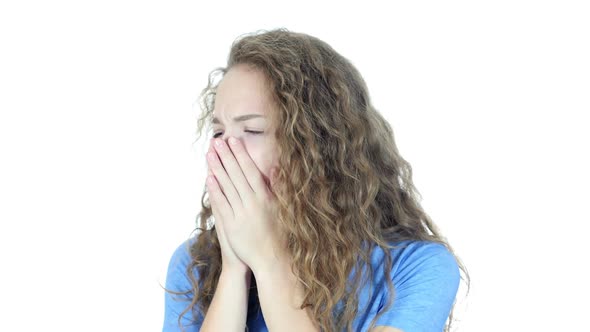 Yawning Tired Beautiful Woman, Napping, White Background