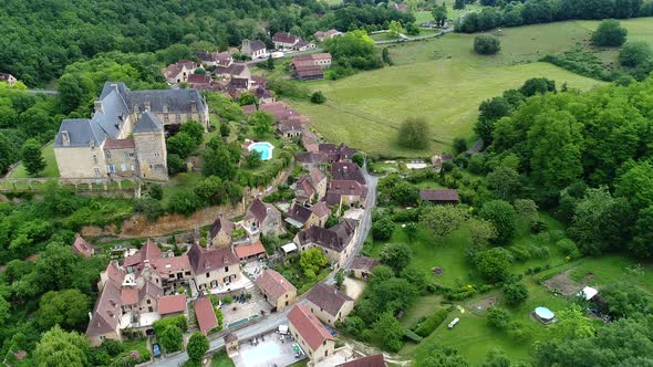 Village of Saint-Cyprien in Perigord in France seen from the sky