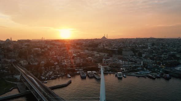 aerial view in istanbul golden horn with amazing sunset