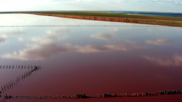 Beautiful top view of the salty, pink lake. Beautiful pink sunset.