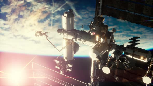Close Up ISS Flying Over Earth Globe Atmosphere alt