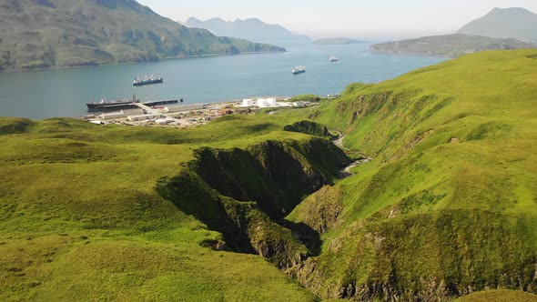 Aerial view of Unalaska Bay on Unalaska island, Alaska, United States.