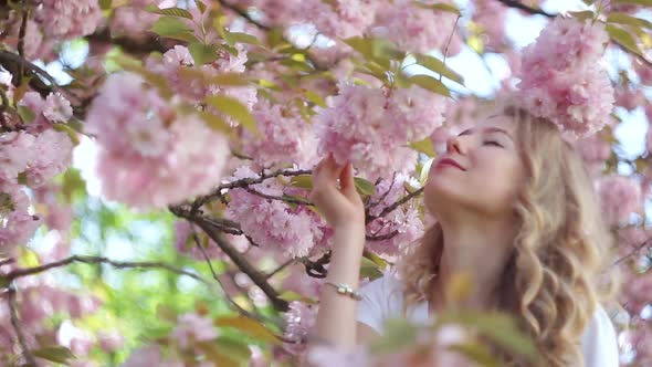 Blonde Girl Smelling Sakura Flowers in Tokio