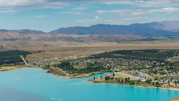 Lake Tekapo, New Zealand - Time Lapse from Aerial View. New Zealand Landscape