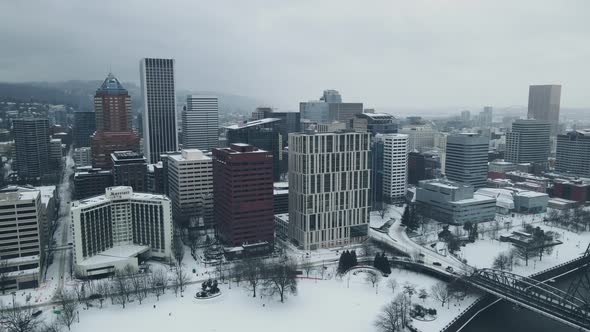 Buildings in Downtown Portland During a Winter Snow Storm