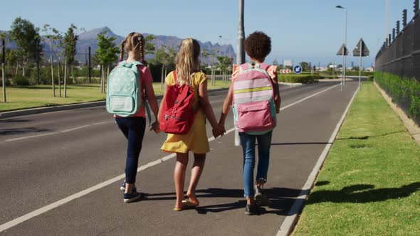 Rear view of group of kids holding hands while walking on the road