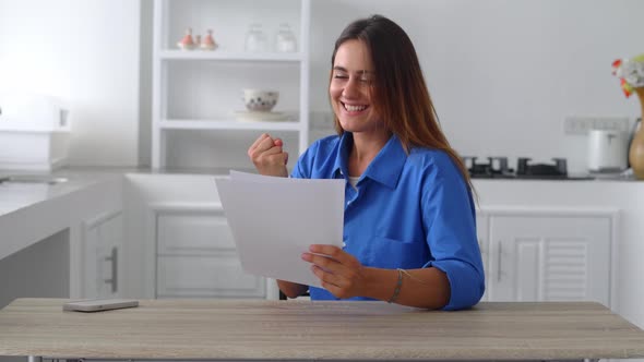 Young Caucasian Woman Getting Mail Feel Excited with Job Offer Being Hired Accepted to College
