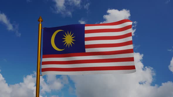 National flag of Malaysia waving with flagpole and blue sky timelapse