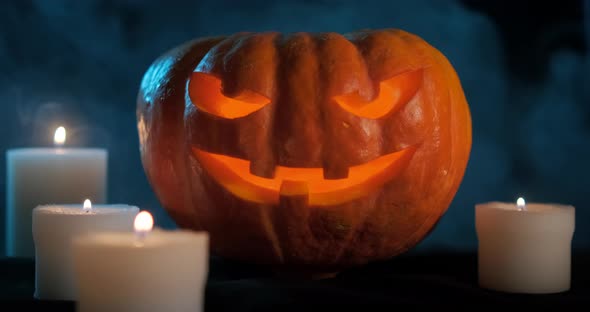 Halloween Pumpkin On Dark Smoky Background