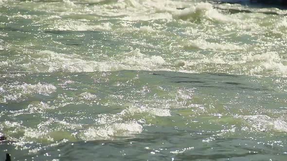 Mountain Stream Rapids, Sunlight Reflections in Green Water