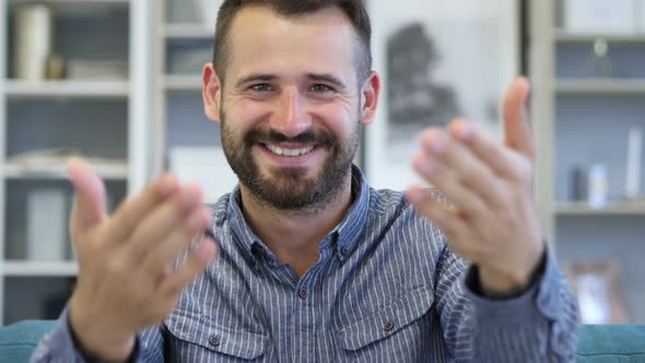 Inviting Gesture by Beard Adult Man