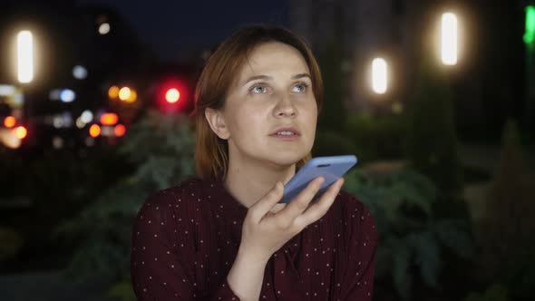 Woman Makes Short Phone Call By Speakerphone Using Telephone Function Conduct Conversations Through