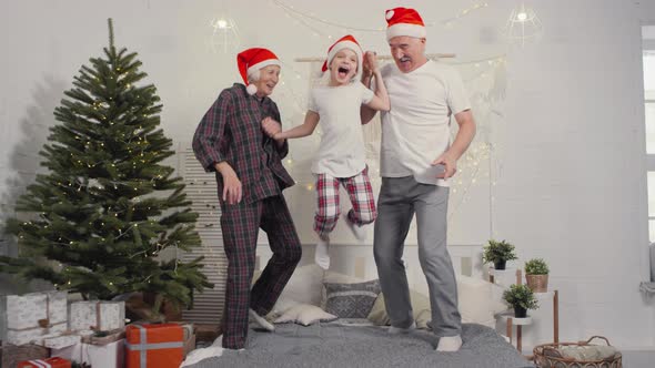 Grandparents and Granddaughter Jumping on Bed on Christmas Morning