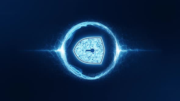 Blue security shield with blue energy ball particle abstract backgrounds vertical video concept