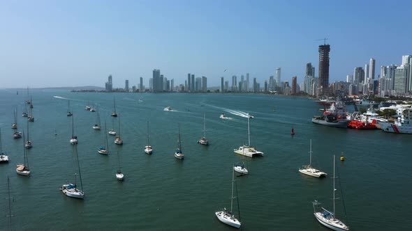 Private Yachts Drift at Anchor in the Bay Cartagena Colombia