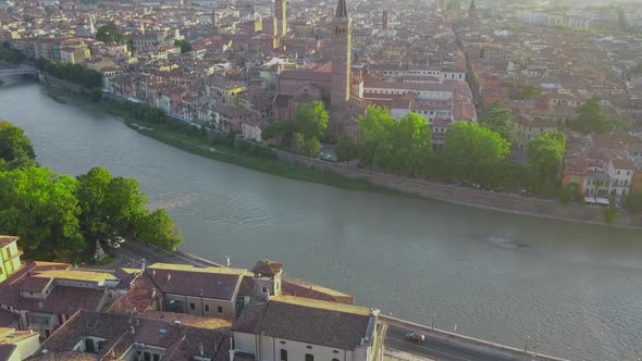 Aerial View of Verona City with Bridges Across Adige River