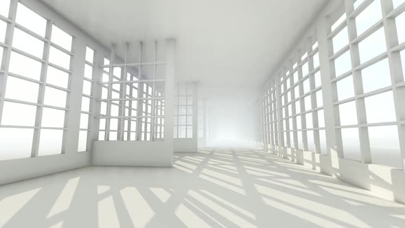 A Futuristic Long Empty white Corridor with Bright Light from the Windows