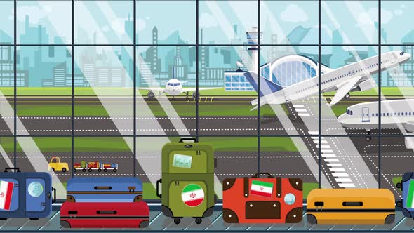 Suitcases with Iranian Flag Stickers on Baggage Carousel