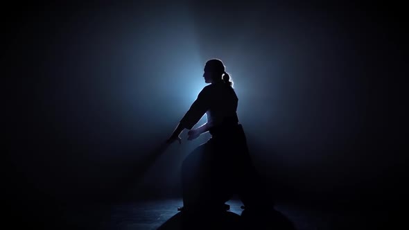 Silhouette Martial Arts Aikido Master on Spotlight Background.