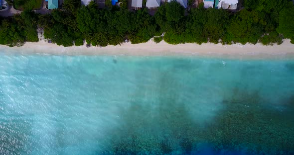 Luxury fly over copy space shot of a paradise sunny white sand beach and blue ocean background in vi