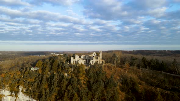 Missouri Aerial Footage of Castle Ruins in Ha Ha Tonka State Park Landscape