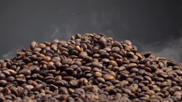 Fragrant Smoke Coming Roasted Coffee Beans Closeup