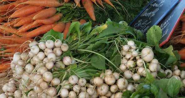 Fresh vegetables on stalls in a southern France market.