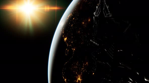 Flight Of Space Station On The Background Of The Rising Sun alt