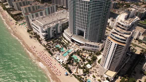 Aerial pull out The Diplomat Resort Hollywood FL. 5k cinematic motion video