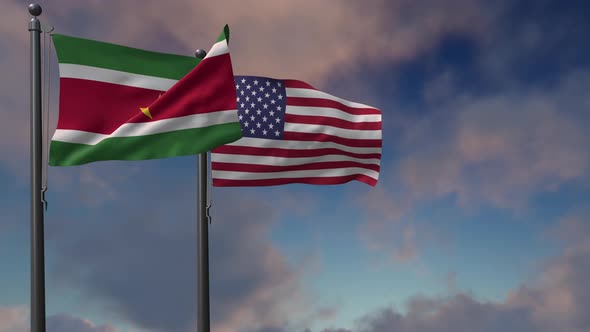 Suriname Flag Waving Along With The National Flag Of The USA - 4K