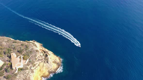 Drone Aerial Video Footage of Speed Boat Running Over Sea Near Mallorca Island