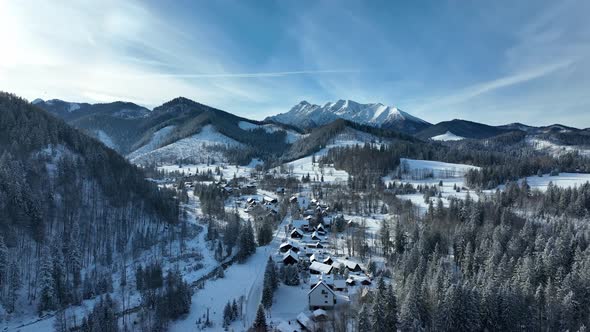 Aerial view of the snowy village of Tatranska Javorina in Slovakia