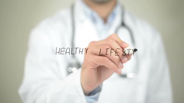 Healthy Lifestyle, Businessman Writing on Transparent Screen