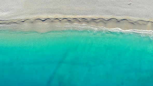 Top Down View Beautiful Sandy Beach in Ionian Sea, Greece