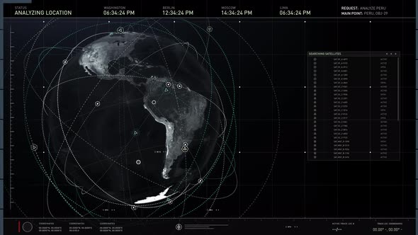 Futuristic user interface locating the position of satellite signals in Peru alt