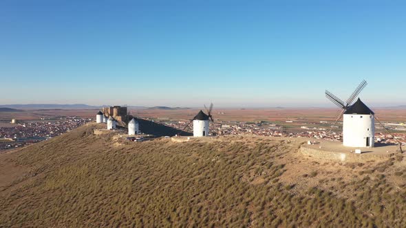 Drone view of Windmills in Spain, La Mancha, Toledo
