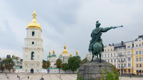 Saint Sophia's Cathedral and Hetman Bohdan Khmelnytsky Monument on Square in Kiev (Kyiv)