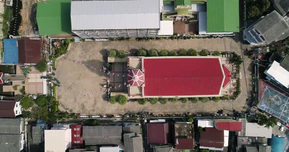 TOP DOWN AERIAL Santa Cruz Church in Bangkok, Thailand. A Catholic Church