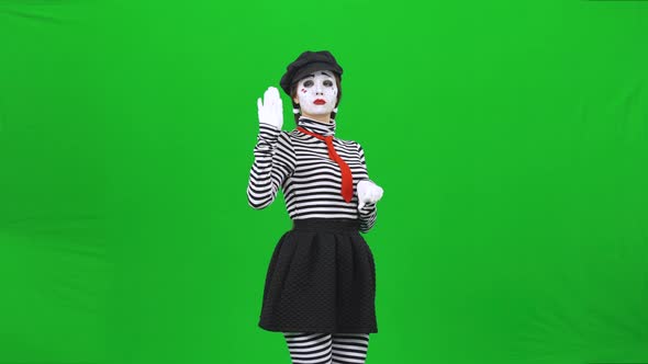 Mime Girl Acting Like She Is a Horsewoman. Chroma Key.